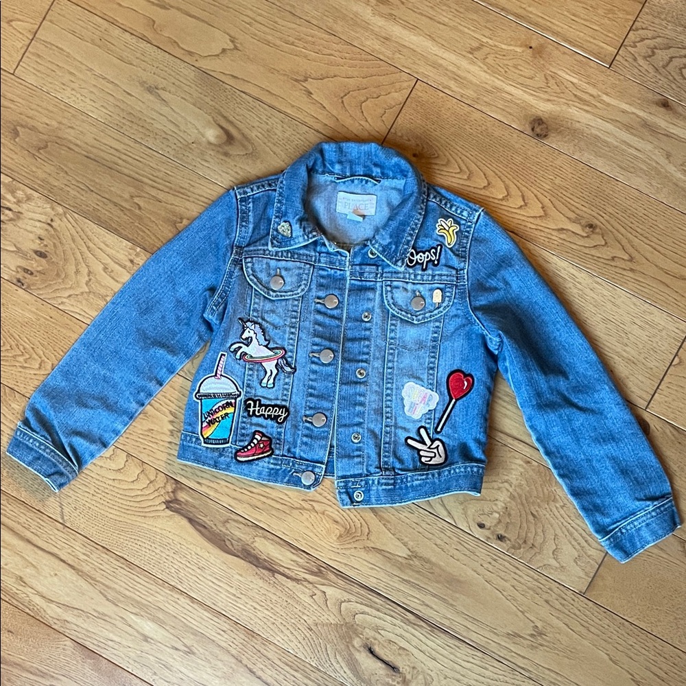 The Children's Place Blue Jean Jacket with Colorful Patches